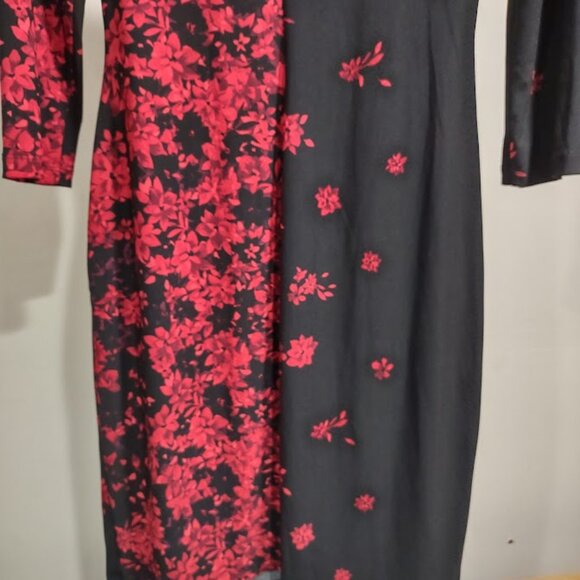 ANNE KLEIN RED AND BLACK LONG SLEEVES RUCHED FORMALMIDI DRESS WOMEN'S SIZE 8 - Picture 7 of 14